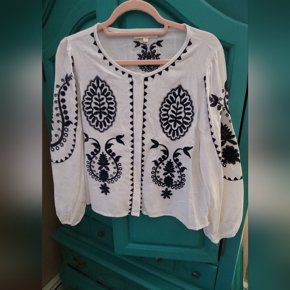 Solitaire White Blouse with Navy Embroidery